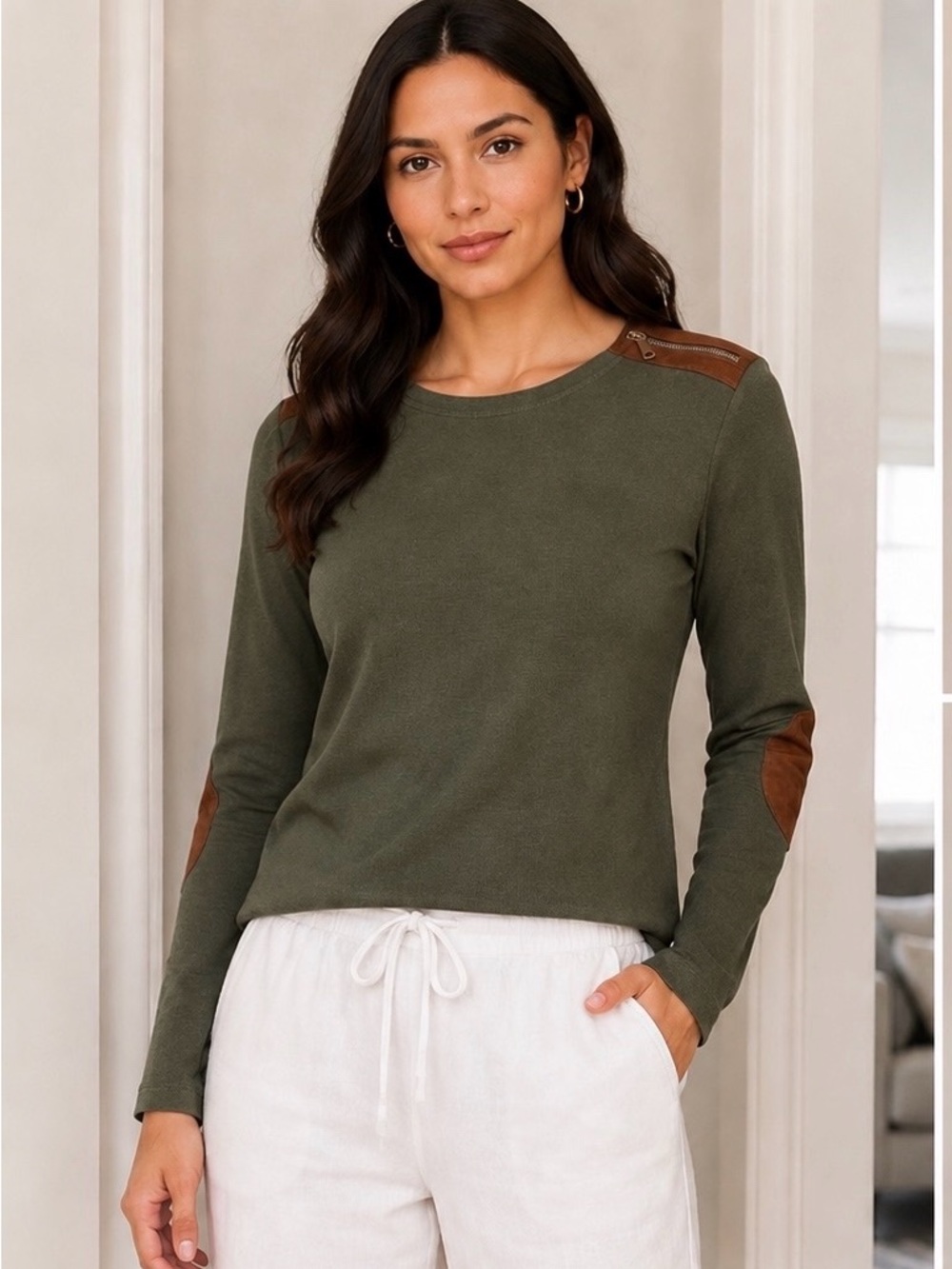 Vtg Lauren Jeans Company Classic Crewneck Sweater with Brown Elbow Patches